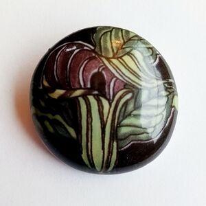 Handmade Flower Brooch Pin Ceramic Painted Black Purple Green Art Nouveau Style